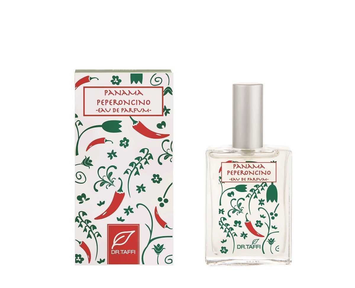 Parfümflakon und Schachtel. Aufschrift: Panama Peperoncino Eau de Parfum. Dekoriert mit Chili-Motiven und floralen Elementen. Marke: Dr. Taffi.