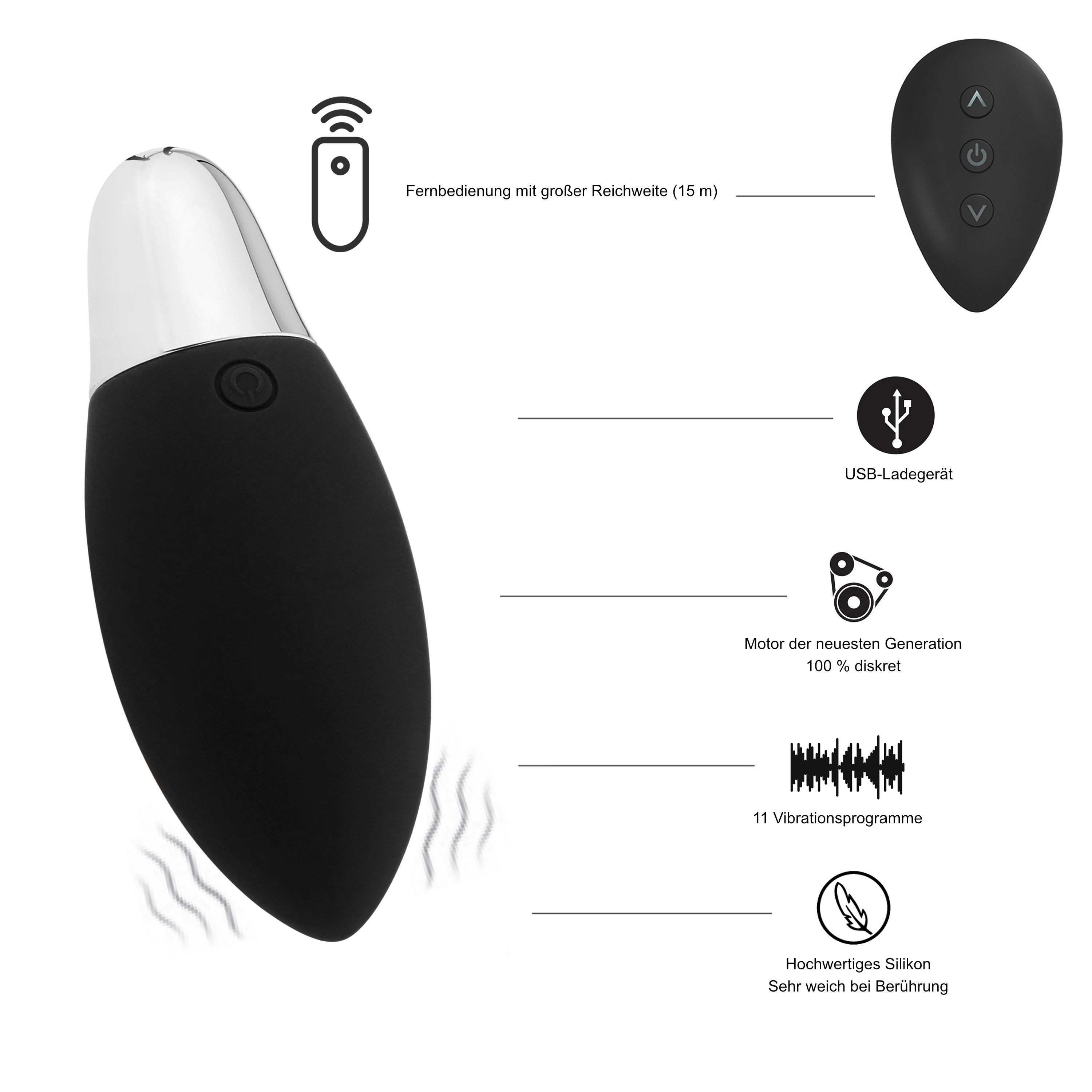 Schwarzer Vibrator mit Fernbedienung, USB-Ladekabel, 11 Vibrationsprogrammen.