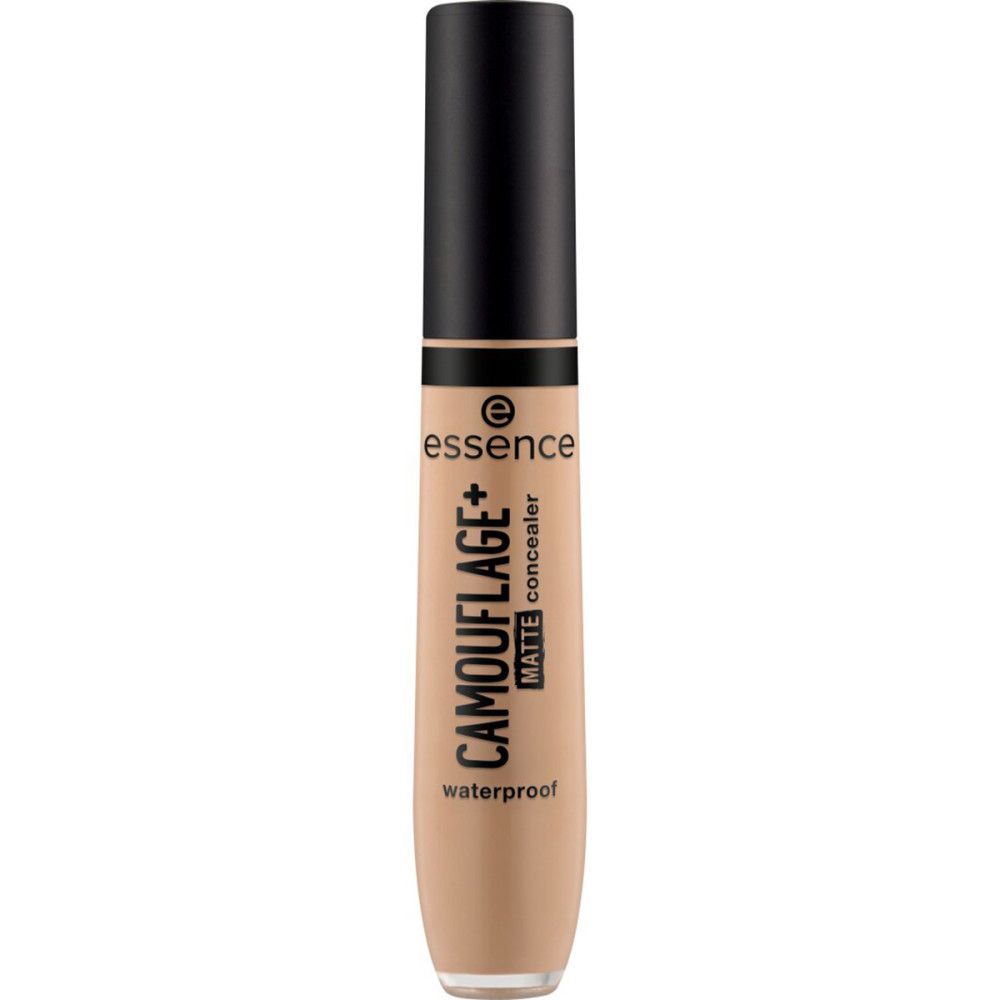 Beige Concealer-Tube mit schwarzem Deckel. Aufschrift: CAMOUFLAGE+ matte concealer waterproof. Marke: essence.