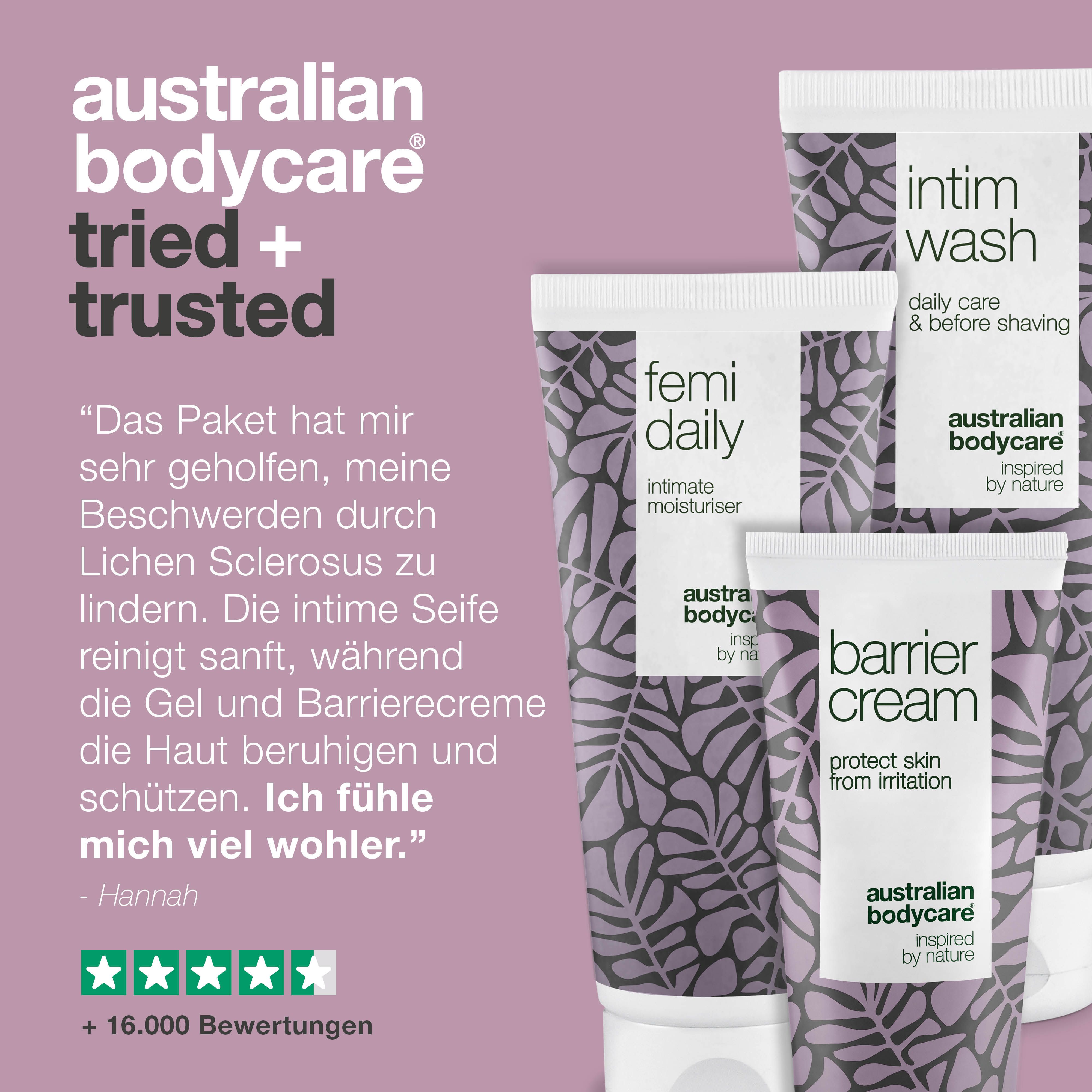 Drei Tuben: Intim Wash, Femi Daily, Barrier Cream. Text: Erfahrungsbericht. Marke: Australian Bodycare.