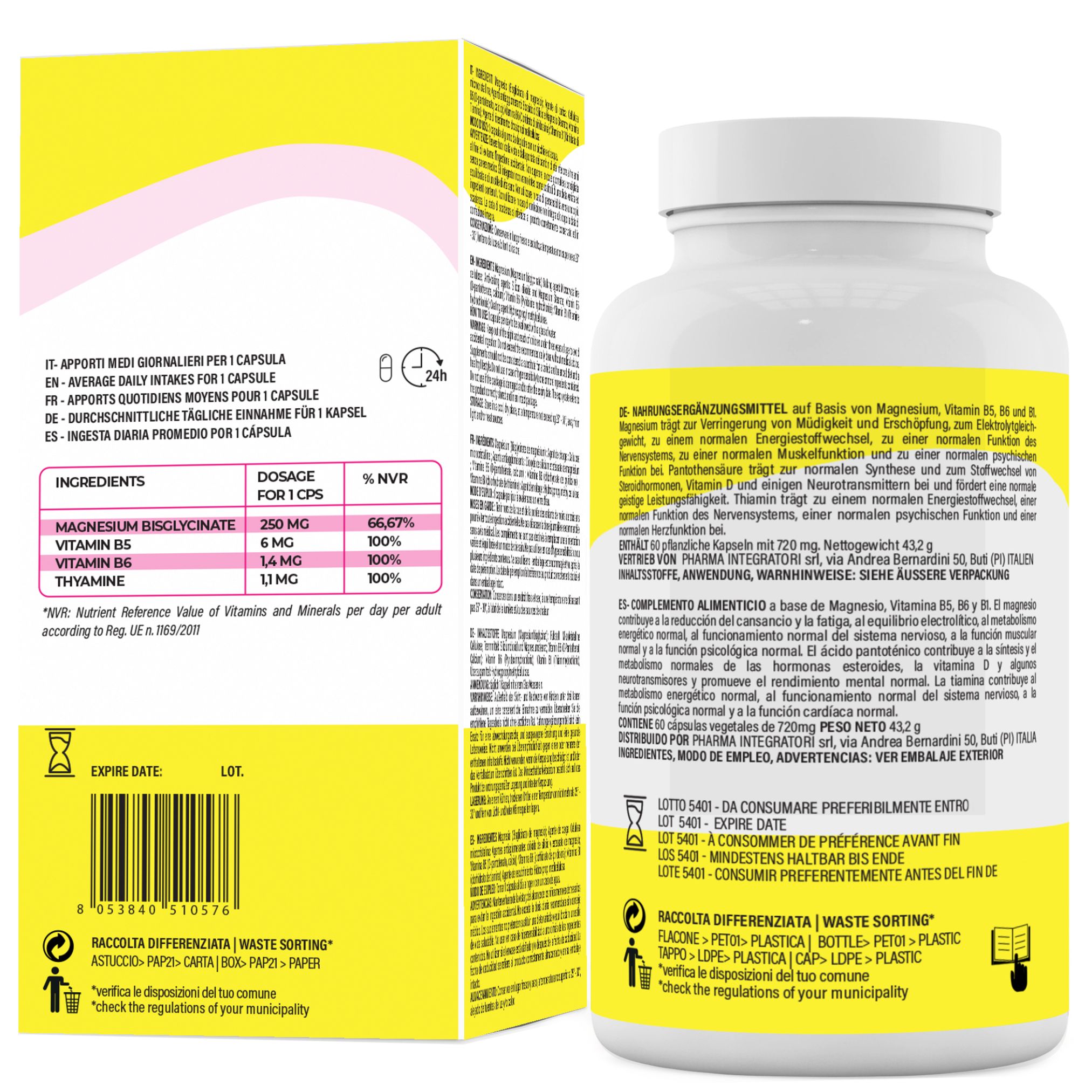 Rückseite der Magnesium Bisglycinat Faltschachtel mit Nährwertangaben und Inhaltsstoffen.