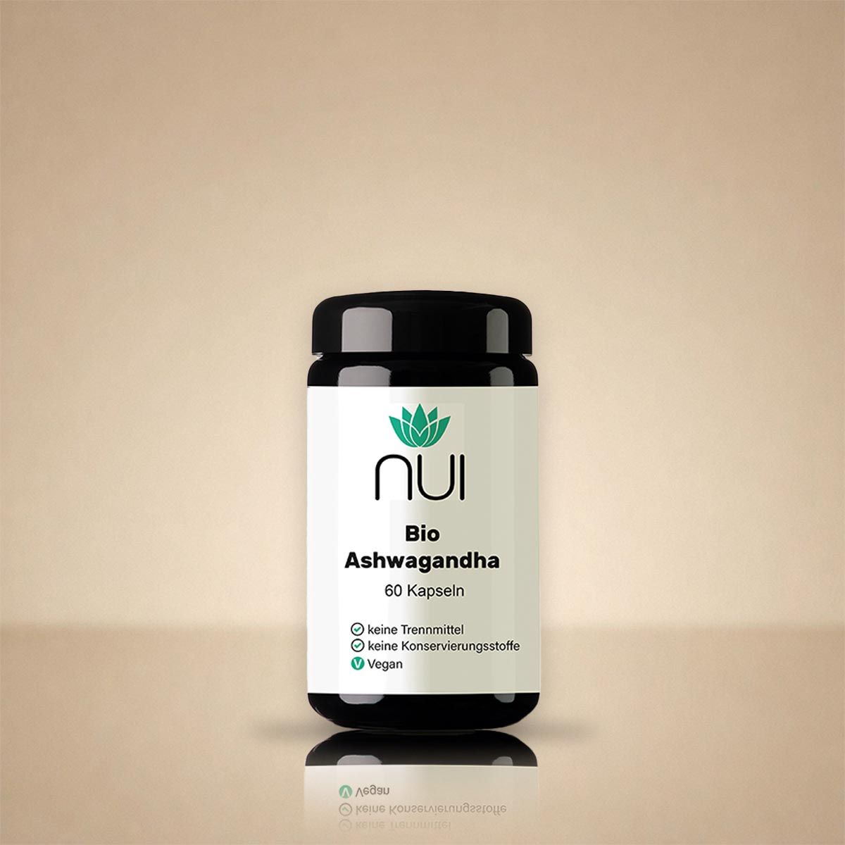 NUI Bio Ashwagandha Kapseldose, 60 Kapseln, vegan, ohne Konservierungsstoffe.
