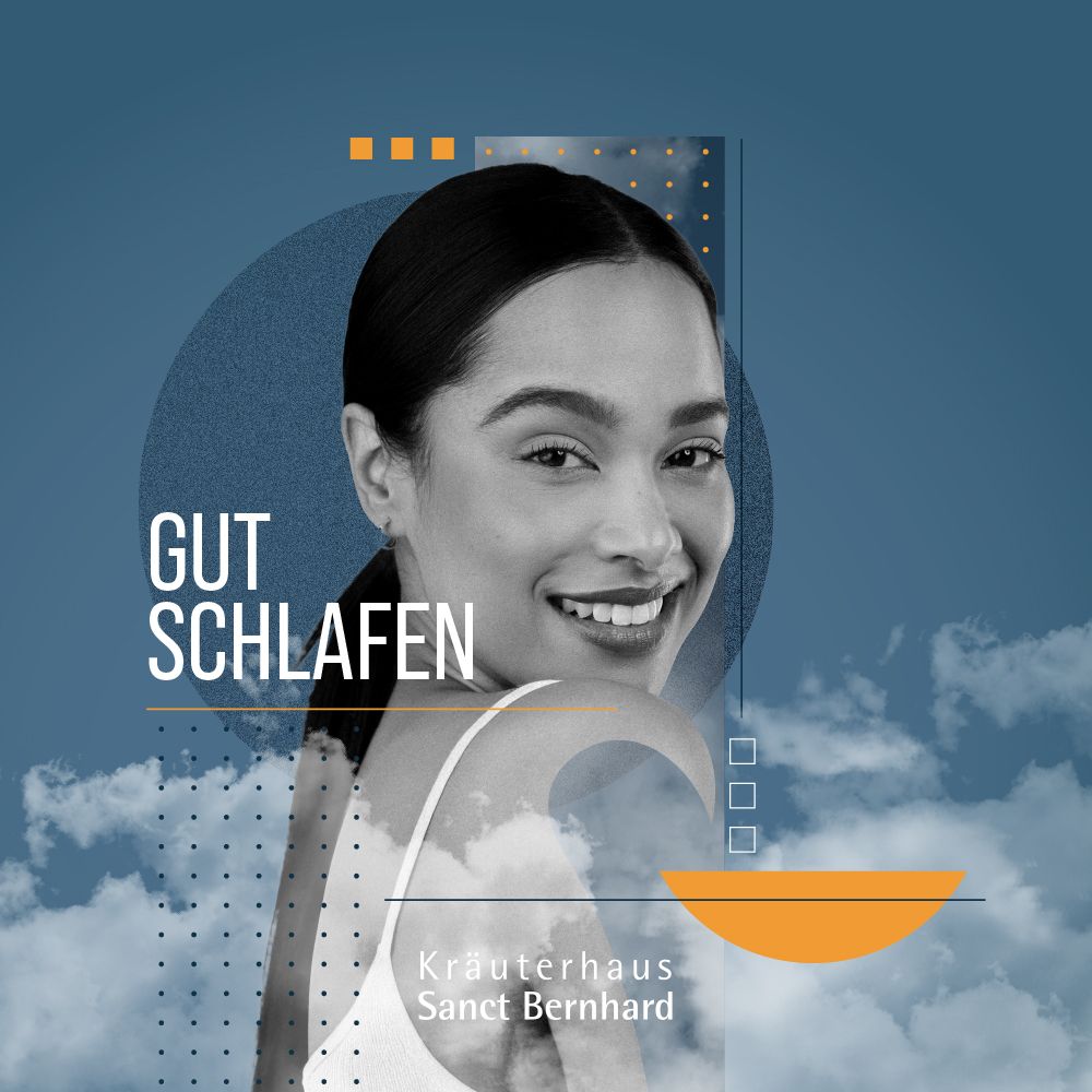 Porträt einer lächelnden Frau. Text: Gut schlafen. Logo: Kräuterhaus Sanct Bernhard.