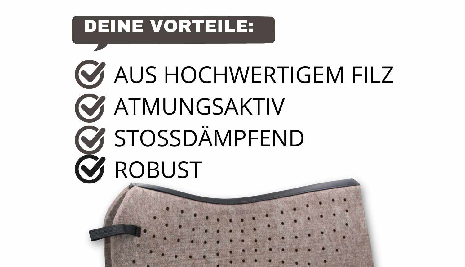 Produkt aus Filz mit Belüftungslöchern. Text: Aus hochwertigem Filz, atmungsaktiv, stossdämpfend, robust.
