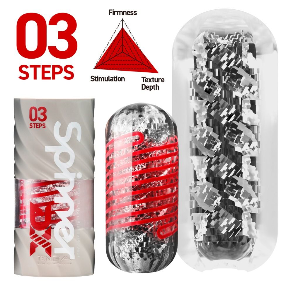 TENGA Spinner Deluxe Masturbator, Verpackung, Hülle mit roten Spiralen und innenliegende Struktur.