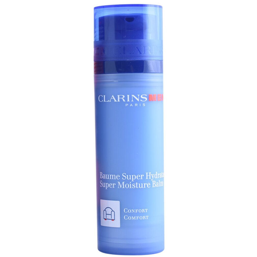 Blau-transparente Flasche mit blauem Deckel. Aufschrift: Clarins Men Paris, Baume Super Hydratant, Super Moisture Balm. Komfort-Symbol.