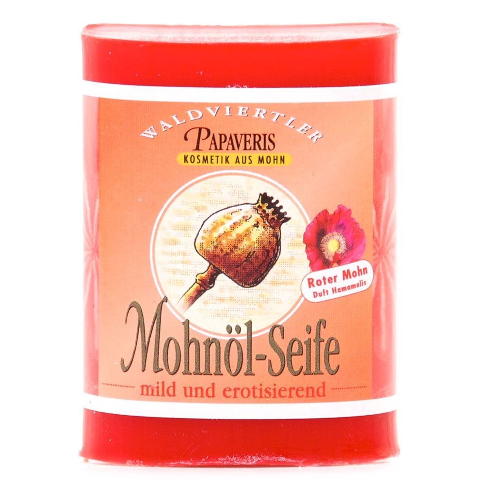 Rote Dose mit Mohnöl-Seife, mild und erotisierend. Mit Mohnkapsel- und Mohnblumen-Illustration.