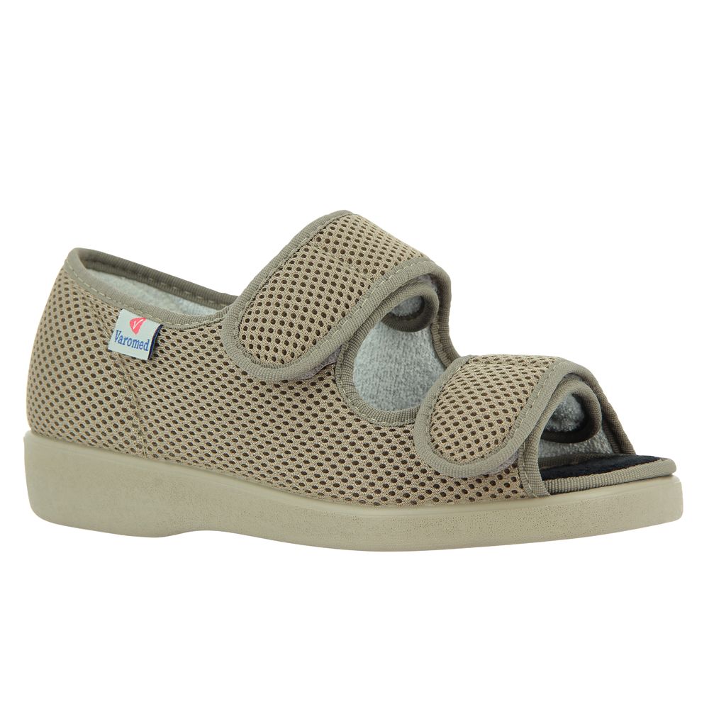 Beigefarbener Halbschuh mit Klettverschlüssen. Mesh-Obermaterial, offene Zehenpartie. Marke: Varomed.