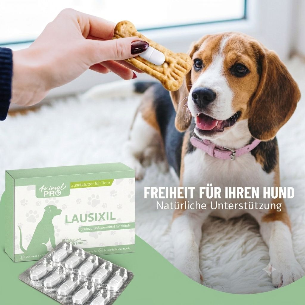 Hund frisst Tablette von einem Keks. LAUSIXIL Packung und Blister im Vordergrund.