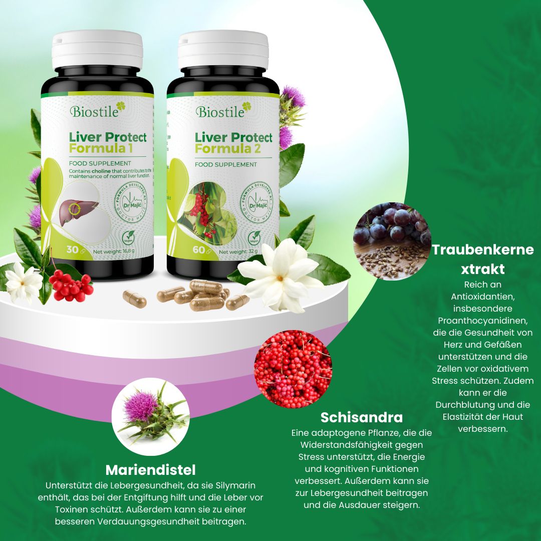 Biostile Liver Protect Formeln 1 und 2 mit Pflanzen und Früchten.