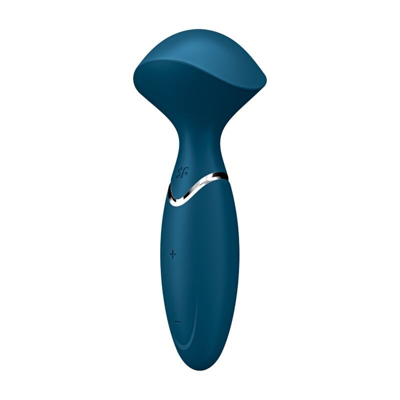Dunkelblauer Vibrator mit geschwungener Form und silbernem Ring.