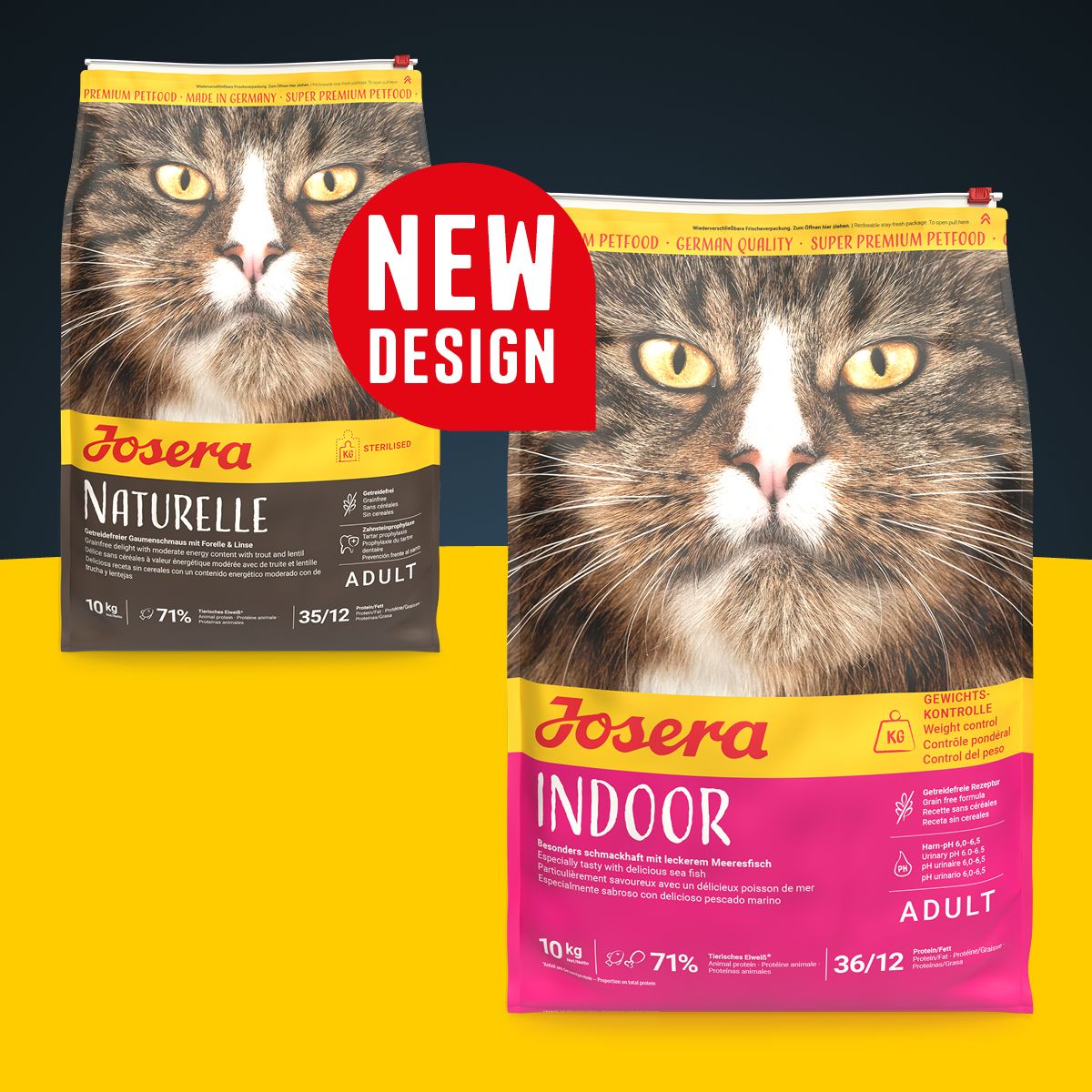 Zwei Katzenfutterverpackungen. Josera Naturelle und Indoor. Text: New Design, Adult, 10 kg, 71%.