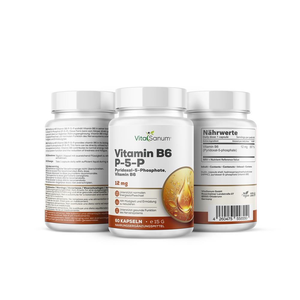 Drei Pillenfläschchen mit Deckel. Aufschrift: VitaSanum Vitamin B6 P-5-P. Braunes Etikett mit Tropfen-Illustration. Rückseite mit Text.