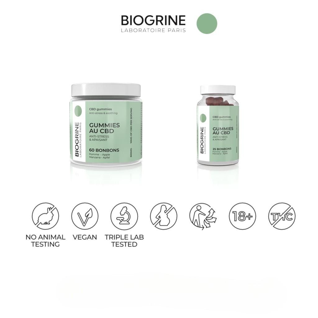 Zwei Gläser mit Gummibärchen. Aufschrift: GUMMIES AU CBD. Logos: Kein Tierversuch, Vegan, Laborgeprüft, 18+, THC-frei. Marke: BIOGRINE.