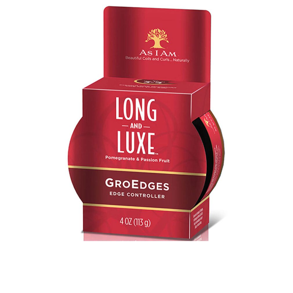 Rote Produktverpackung mit Schriftzug „LONG AND LUXE“. Enthält „GroEdges Edge Controller“. 4 OZ (113 g).