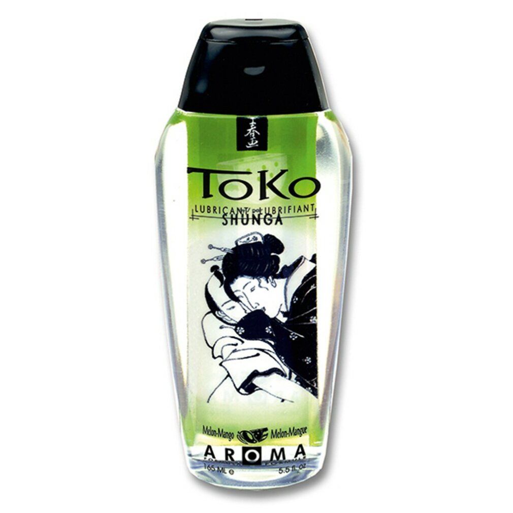 Flüssiges Gleitmittel in einer transparenten Flasche mit schwarzem Deckel. Etikett mit Schriftzug „Toko“ und Illustration.