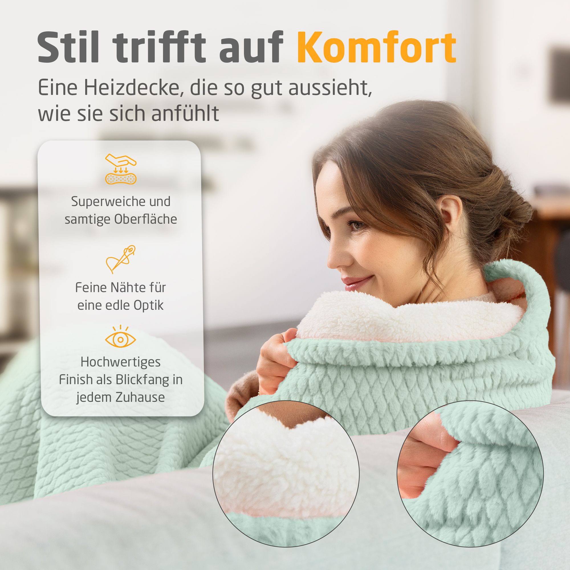 Frau mit Heizdecke, savage green, um sich gelegt. Superweiche Oberfläche. Feine Nähte. Hochwertiges Finish. Text: Stil trifft auf Komfort.