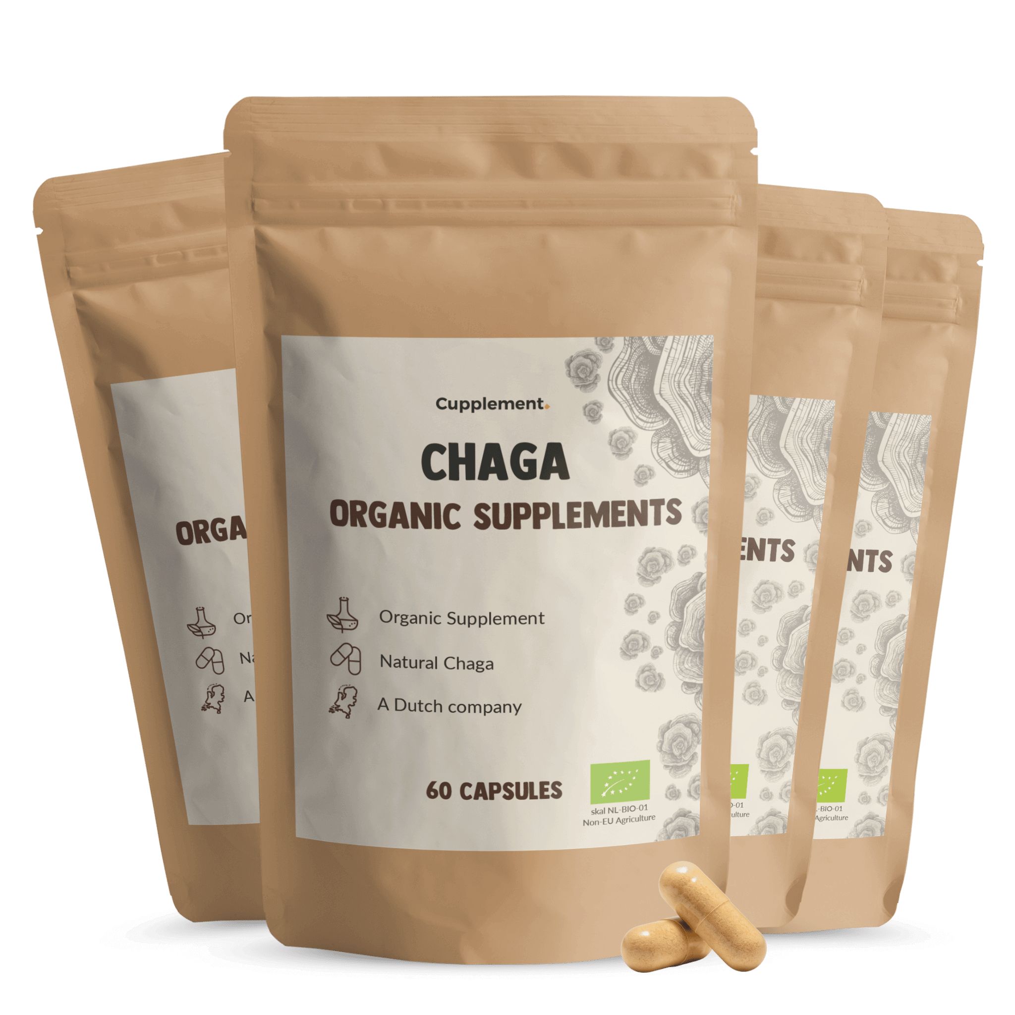 Mehrere Beutel mit Chaga-Kapseln. Aufschrift: Cupplement, Chaga, Organic Supplements, 60 Kapseln. Einige Kapseln liegen daneben.