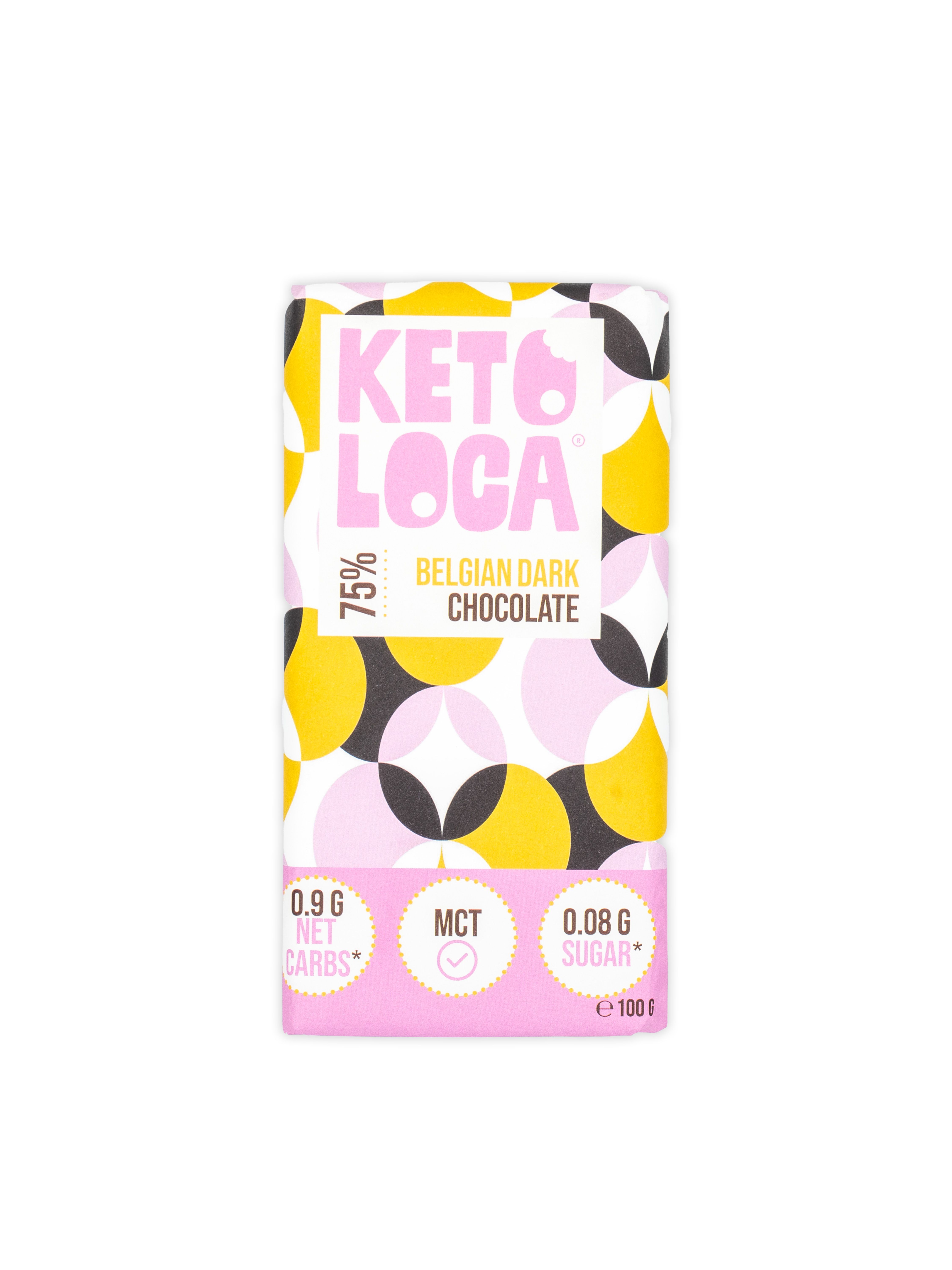 Keto Loca Schokoladenriegel. Verpackung mit floralem Muster. Aufschrift: 75% Belgian Dark Chocolate. Angaben zu Netto-Kohlenhydraten und Zucker.