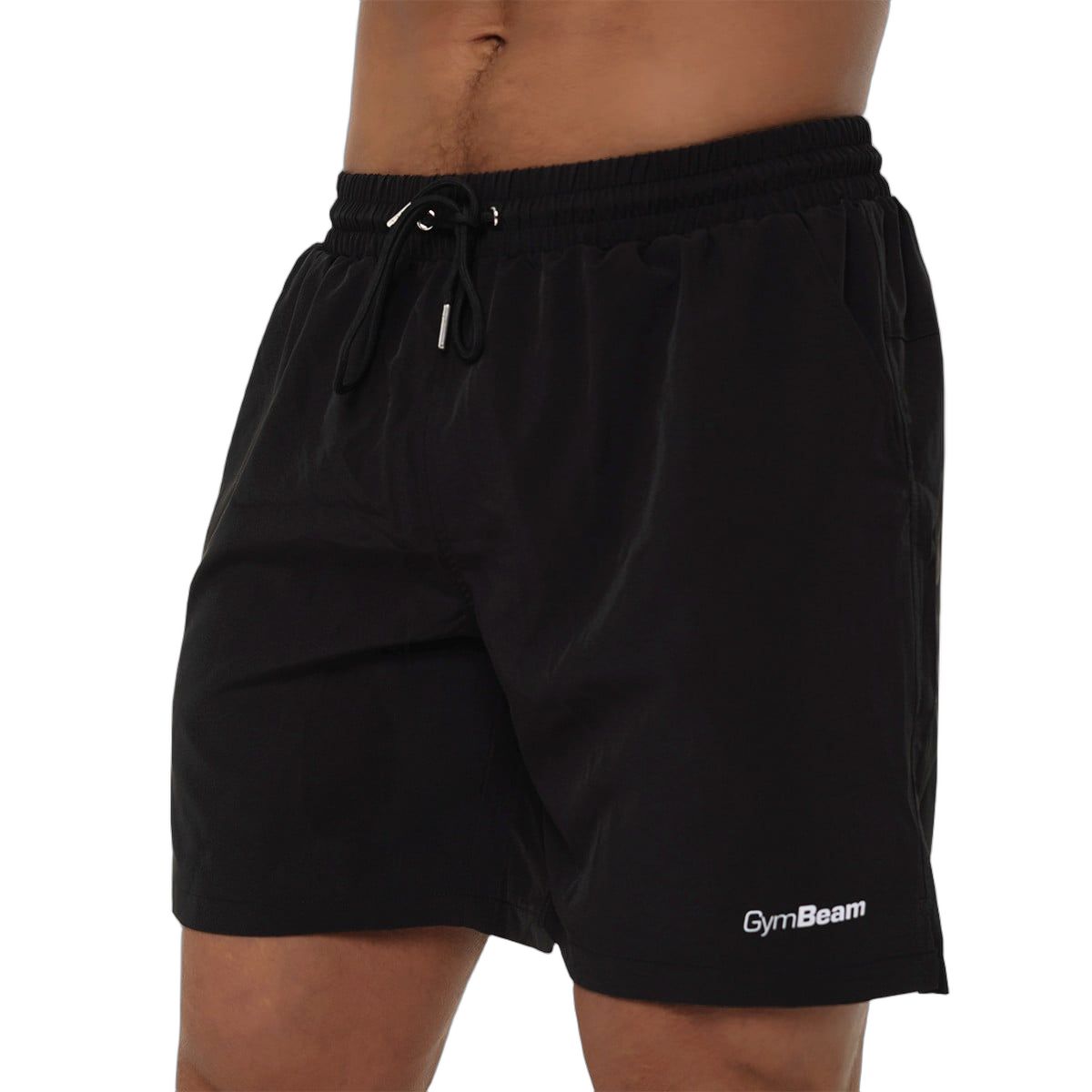 Schwarze GymBeam Badeshorts für Männer mit Kordelzug und Taschen.