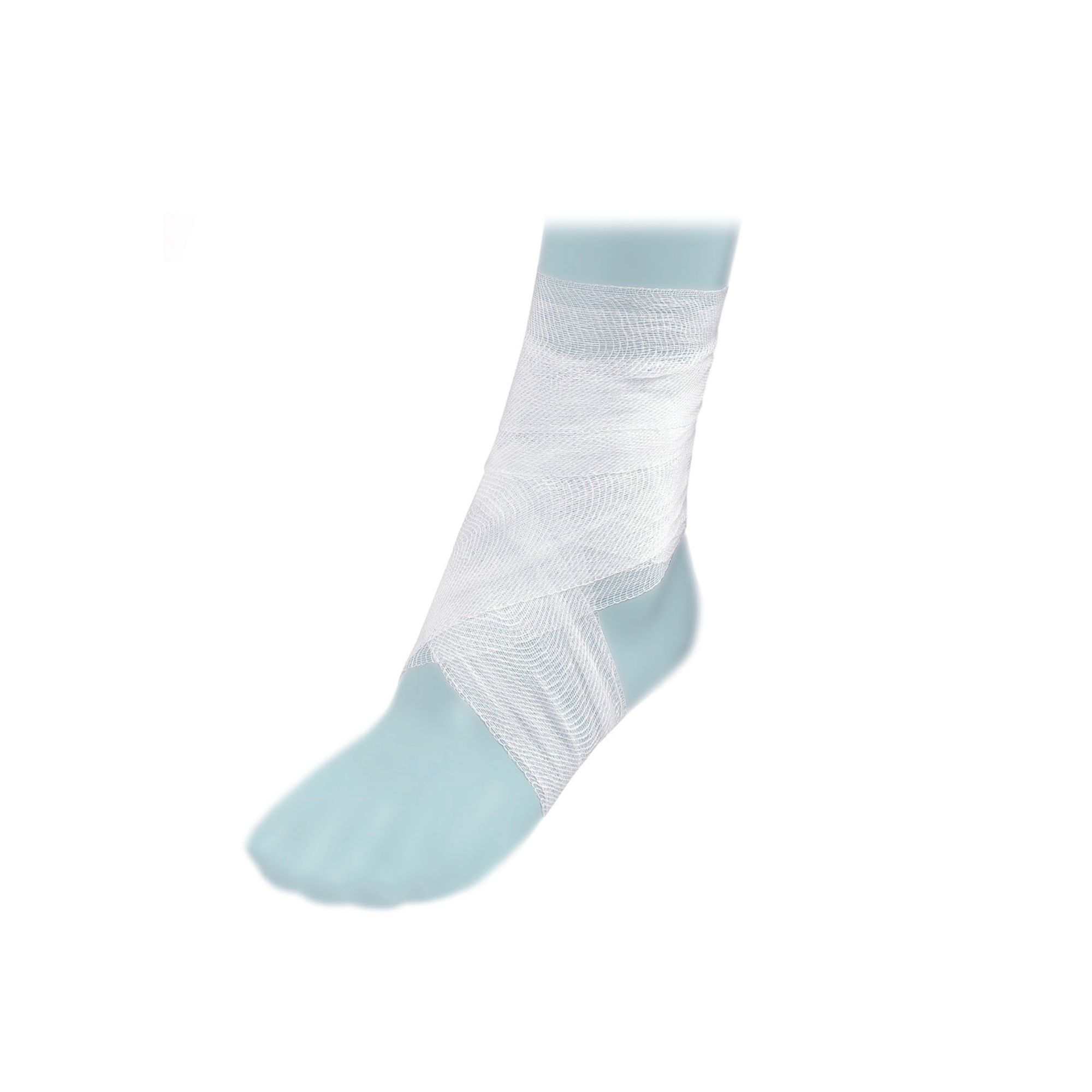 Weißes Mullbinde-Verband um einen Fuß gewickelt. Das Bein ist hellblau dargestellt.