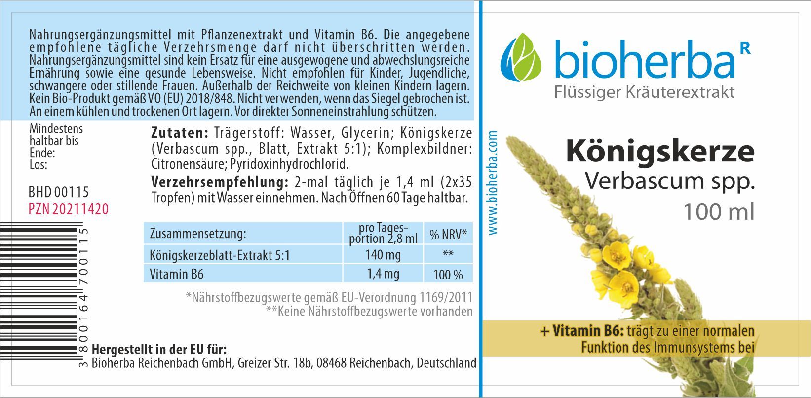 Etikett mit Produktinformationen. Enthält Angaben zu Inhaltsstoffen, Dosierung und Hersteller. Produktname: Königskerze Verbascum spp. Tropfen.