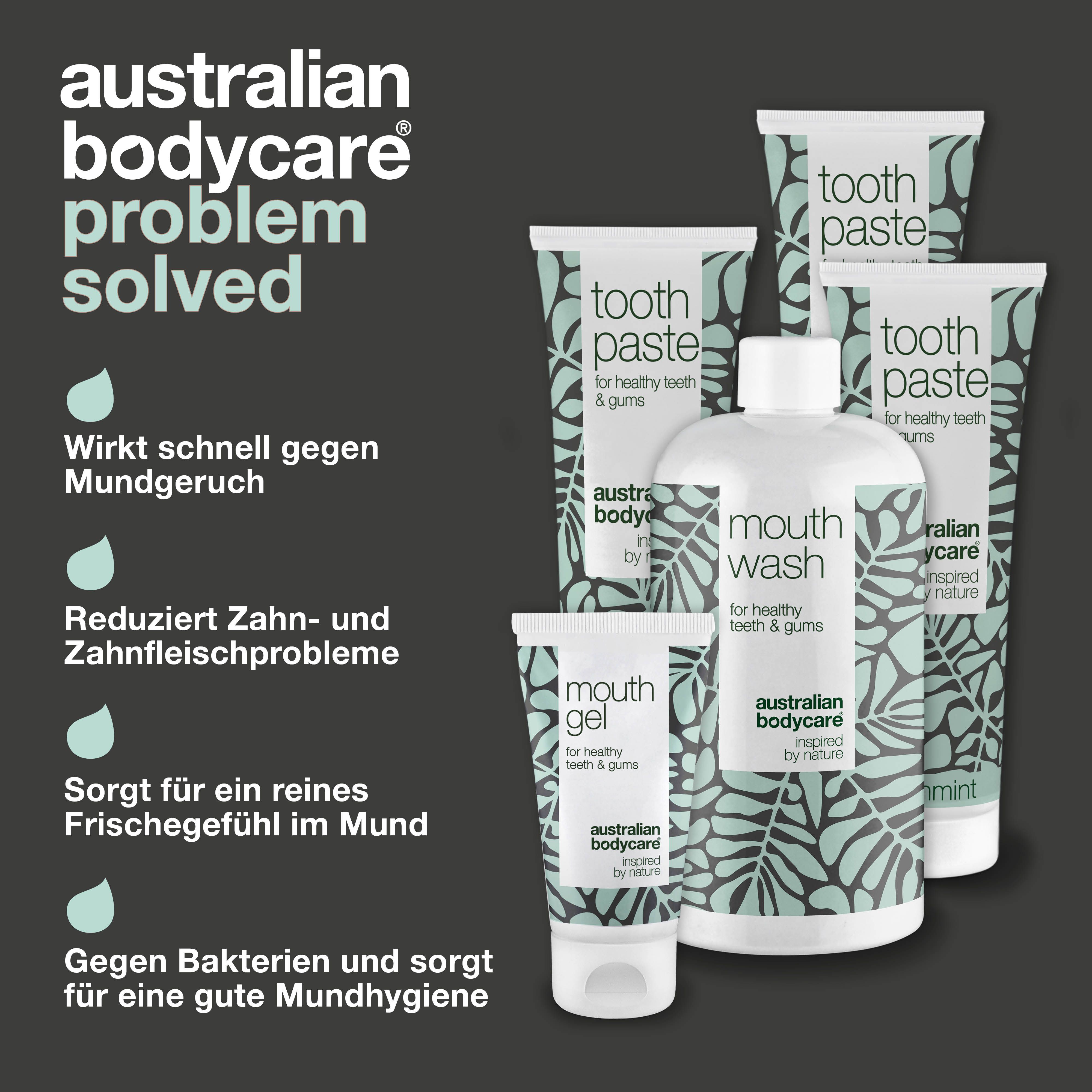 Werbebild mit Mundpflegeprodukten. Zeigt Mundgel, Zahnpasta und Mundspülung. Text: Australian Bodycare Problem gelöst.
