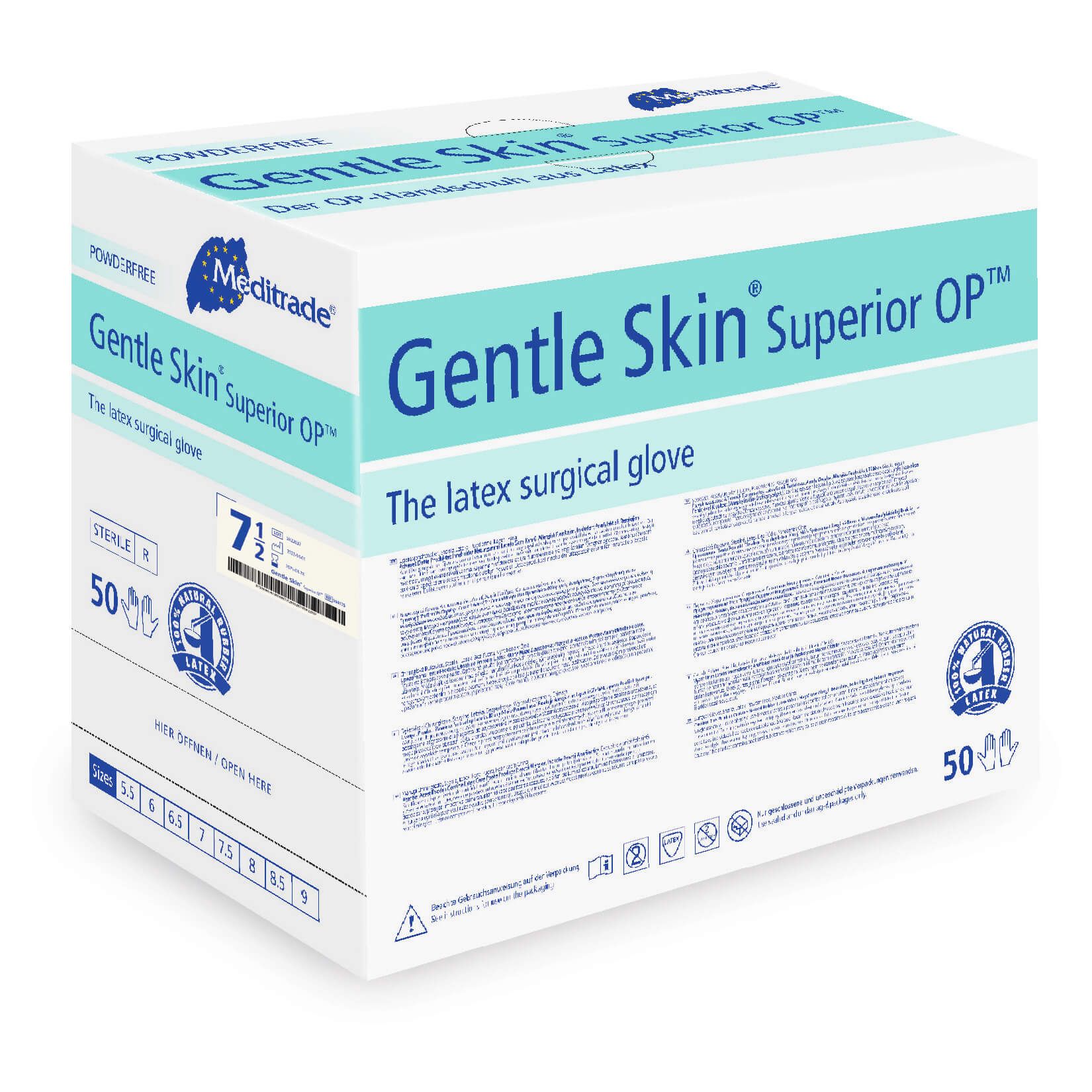 Meditrade Gentle Skin Superior OP, Latex-OP-Handschuhe, Größe 7,5. Karton mit 50 Stück.