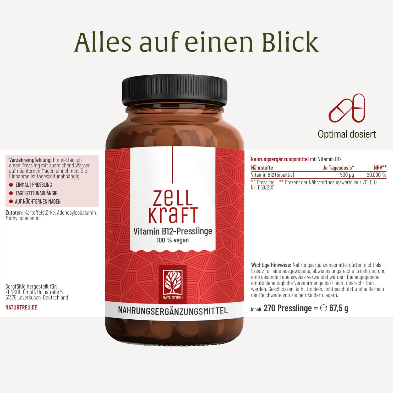 NATURTREU® Zellkraft Vitamin B12-Presslinge in roter Verpackung.