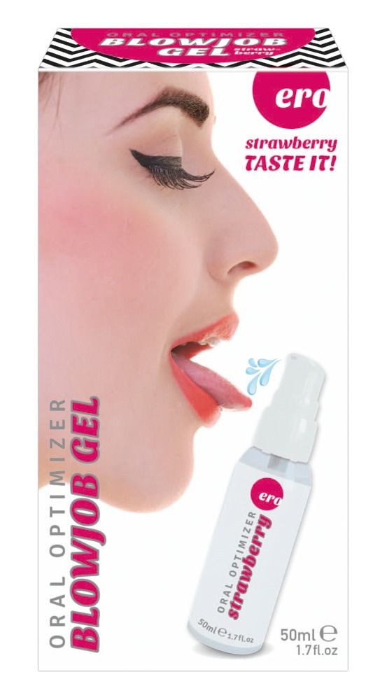 Verpackung mit Erdbeer-Gel, 50ml. Aufdruck: Oral Optimizer Blowjob Gel. Frauengesicht mit Zunge und Produktnamen.