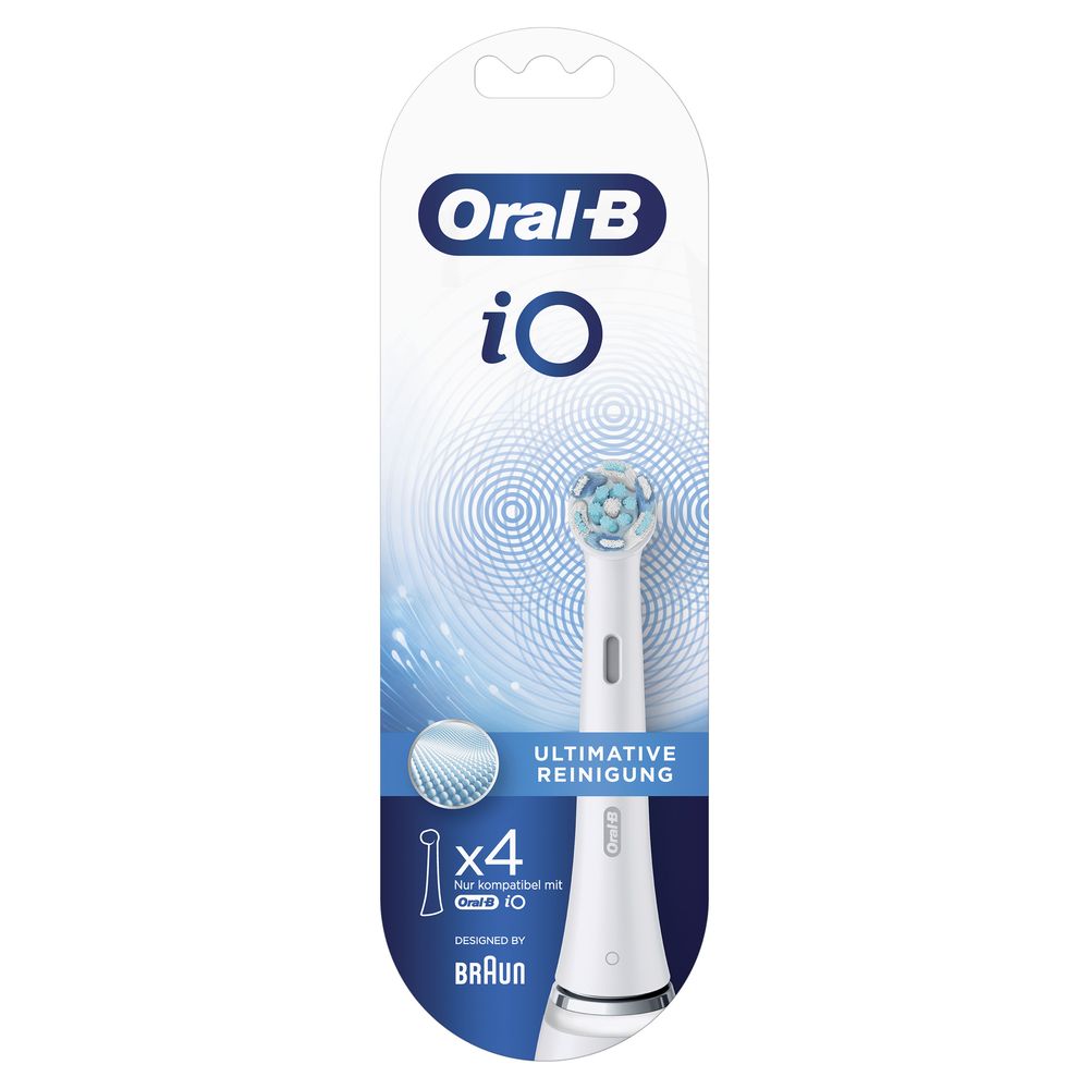 Verpackung mit vier Bürstenköpfen. Oral-B iO-Logo. Ultimative Reinigung. x4.