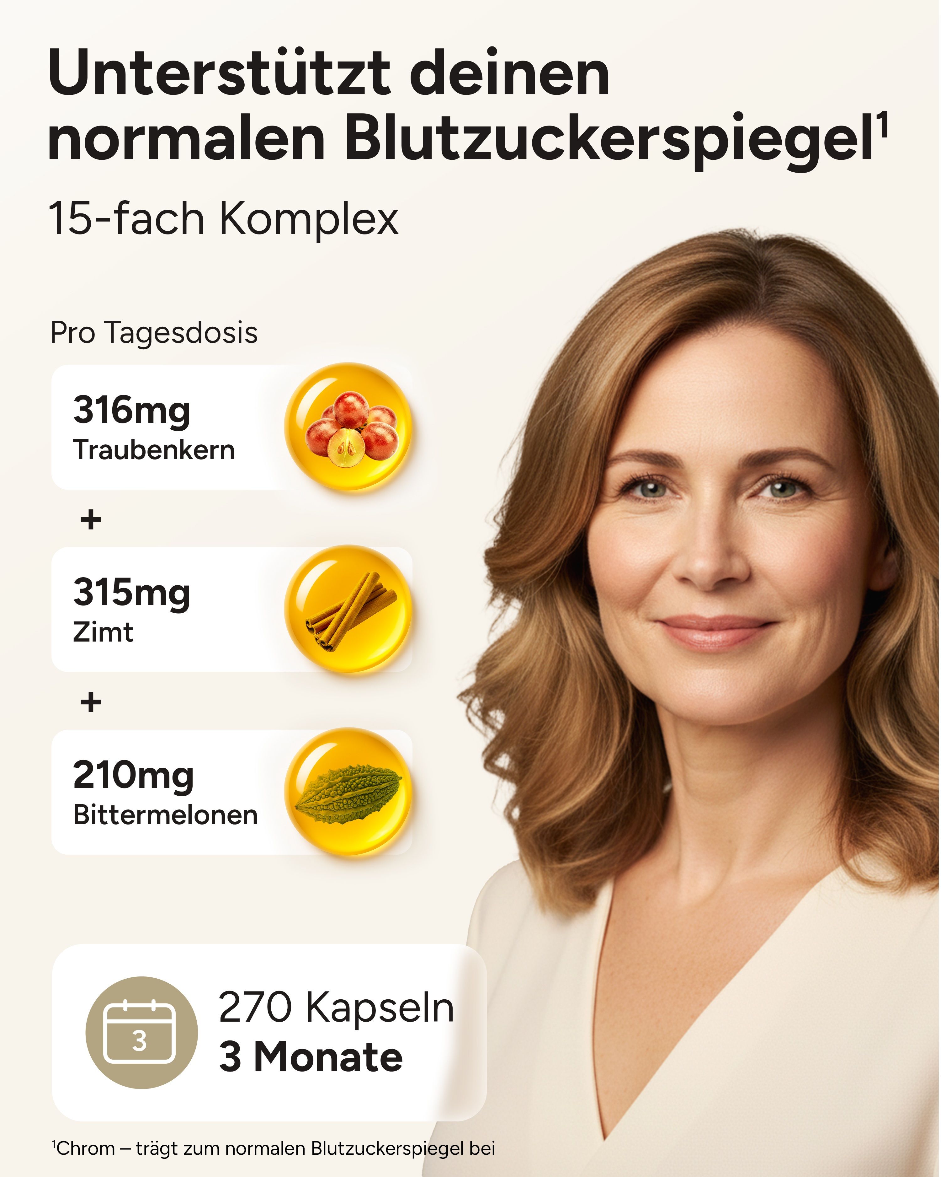 Werbung mit Frau und Zutaten. Traubenkern, Zimt und Bittermelonen. 270 Kapseln für 3 Monate.
