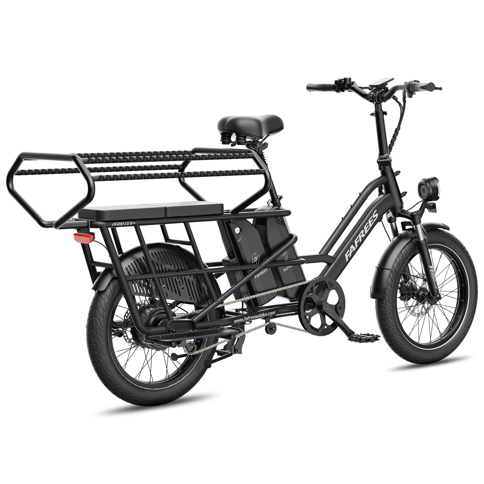 Rückansicht eines schwarzen Fafrees FF20 CUV Elektrofahrrads mit zwei Akkus und großem Gepäckträger.