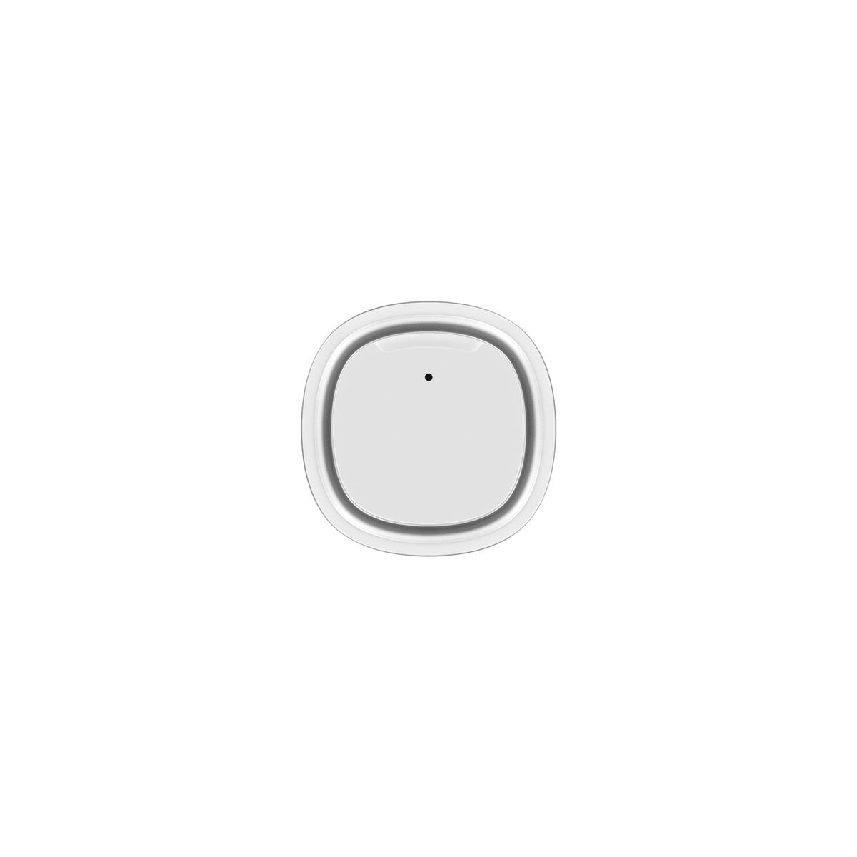 Draufsicht auf eine weiße elektrische Zahnbürste. Quadratischer Kopf mit einem kleinen Loch.