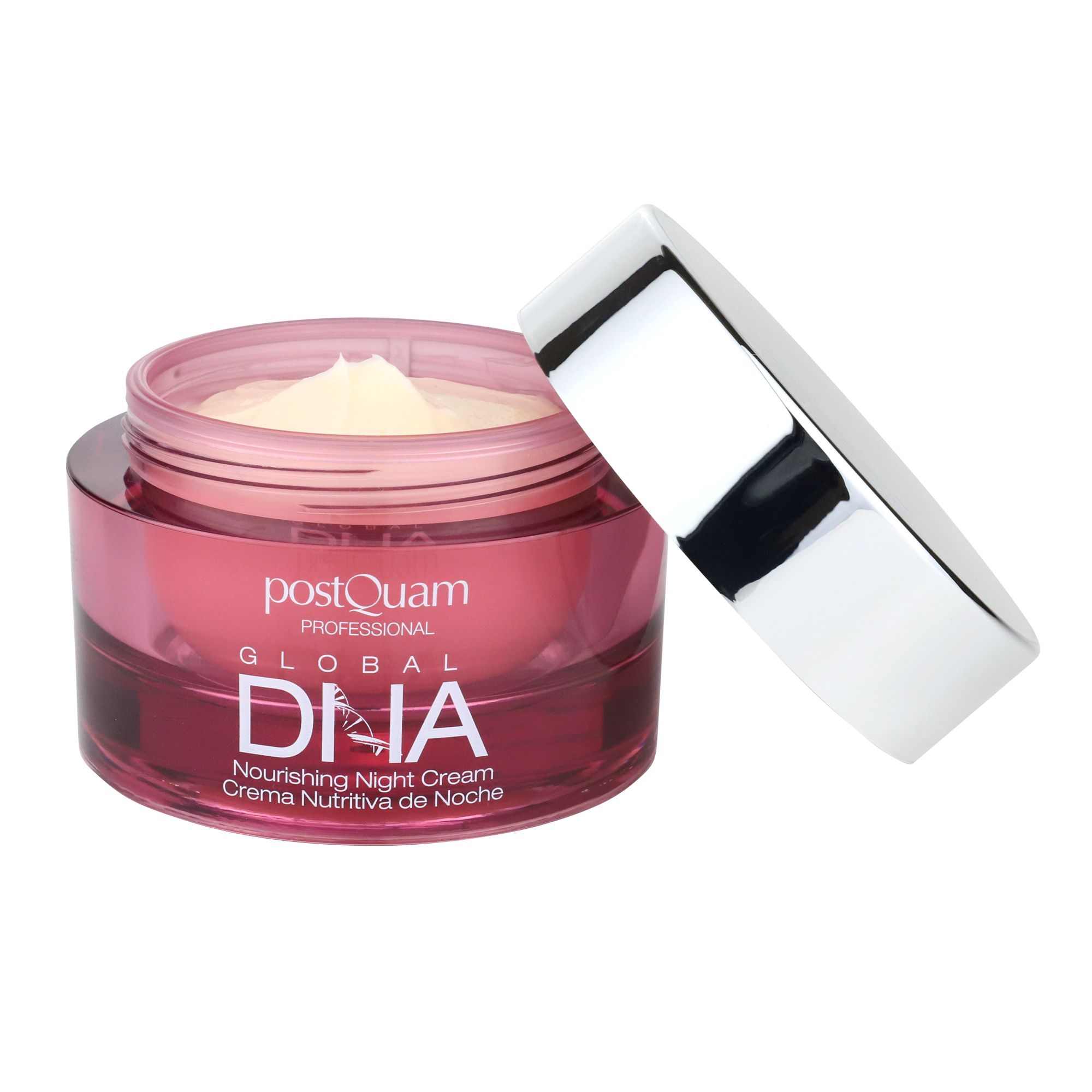 Geöffneter Tiegel mit Creme. Aufschrift: Postquam Professional DNA Nourishing Night Cream. Silberner Deckel liegt daneben.