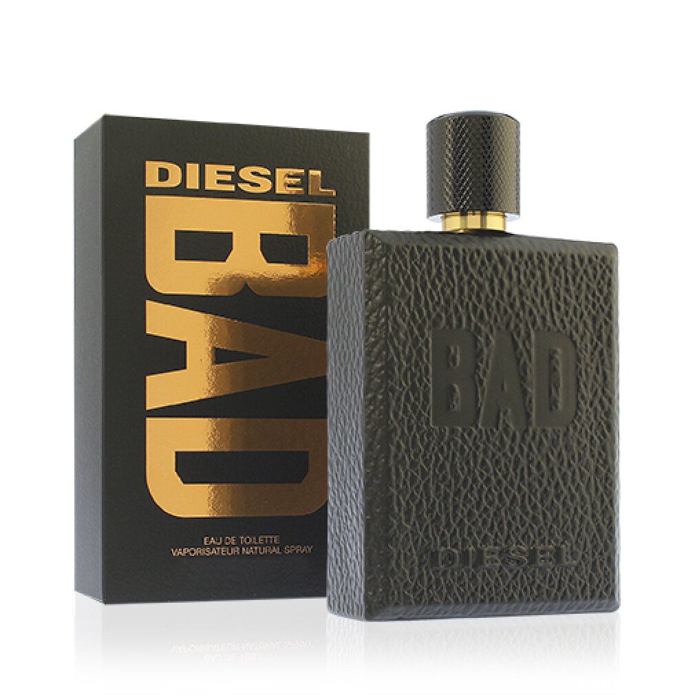 Schwarzer Flakon und Verpackung. Goldfarbener Schriftzug: DIESEL BAD. Eau de Toilette. 100 ml.