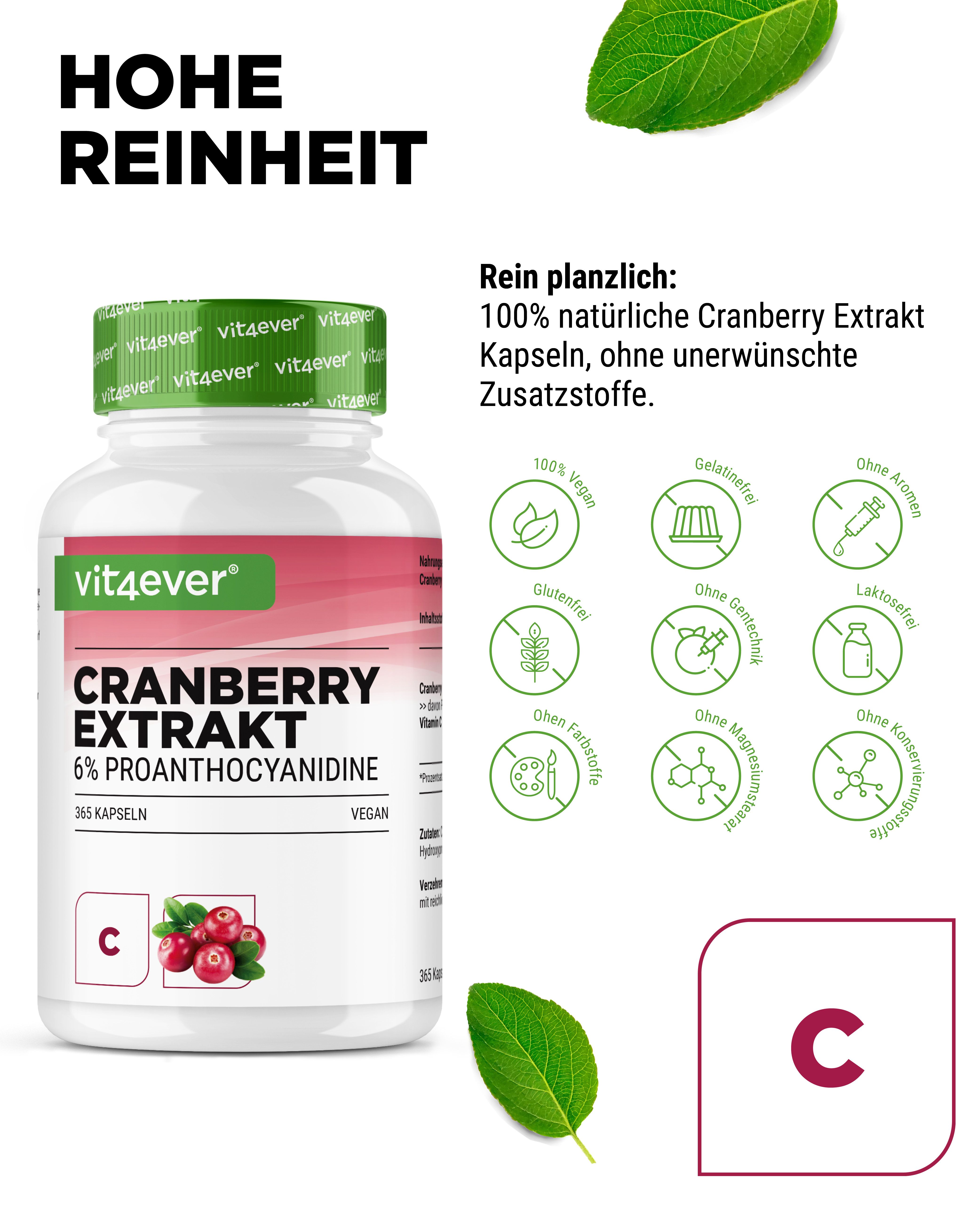 Weißes Pillenbehälter mit roter Aufschrift. Enthält Cranberry-Extrakt. Aufschrift: Cranberry Extrakt, 365 Kapseln. Vegan. Mit Symbolen.