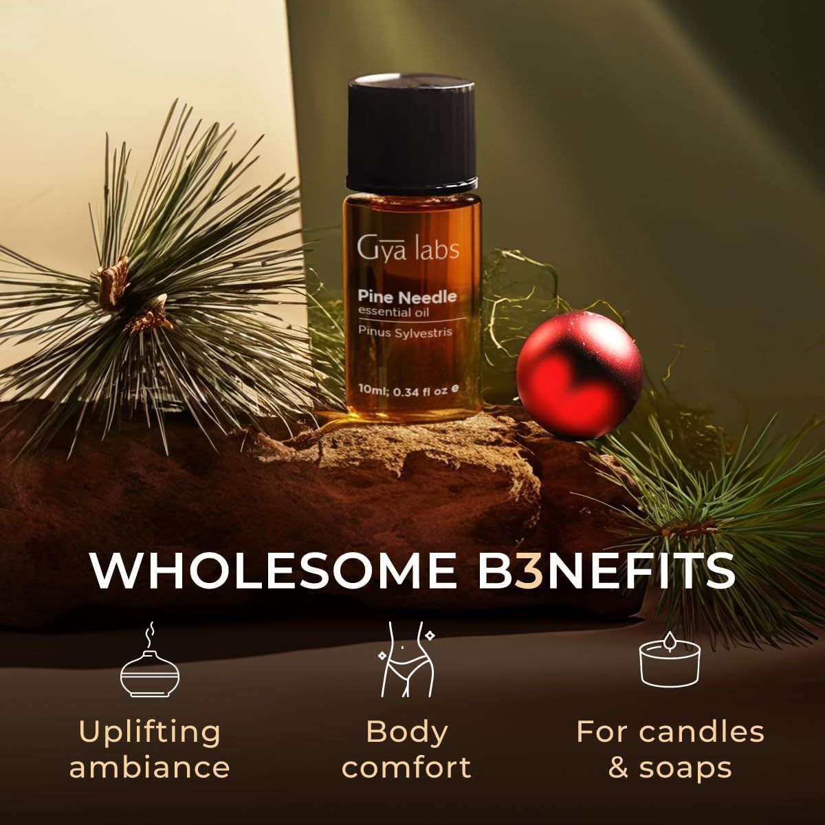 Braune Glasflasche mit Kiefernnadel-Öl. Text: Gya Labs, Pine Needle essential oil, Pinus Sylvestris.