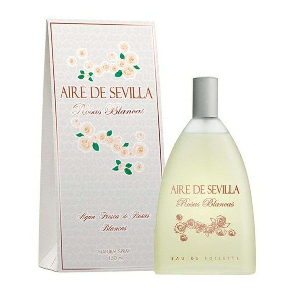 Parfümflasche und Verpackung. Aufschrift: Aire de Sevilla Rosas Blancas. Verpackung mit Blumendekor. Natural Spray.