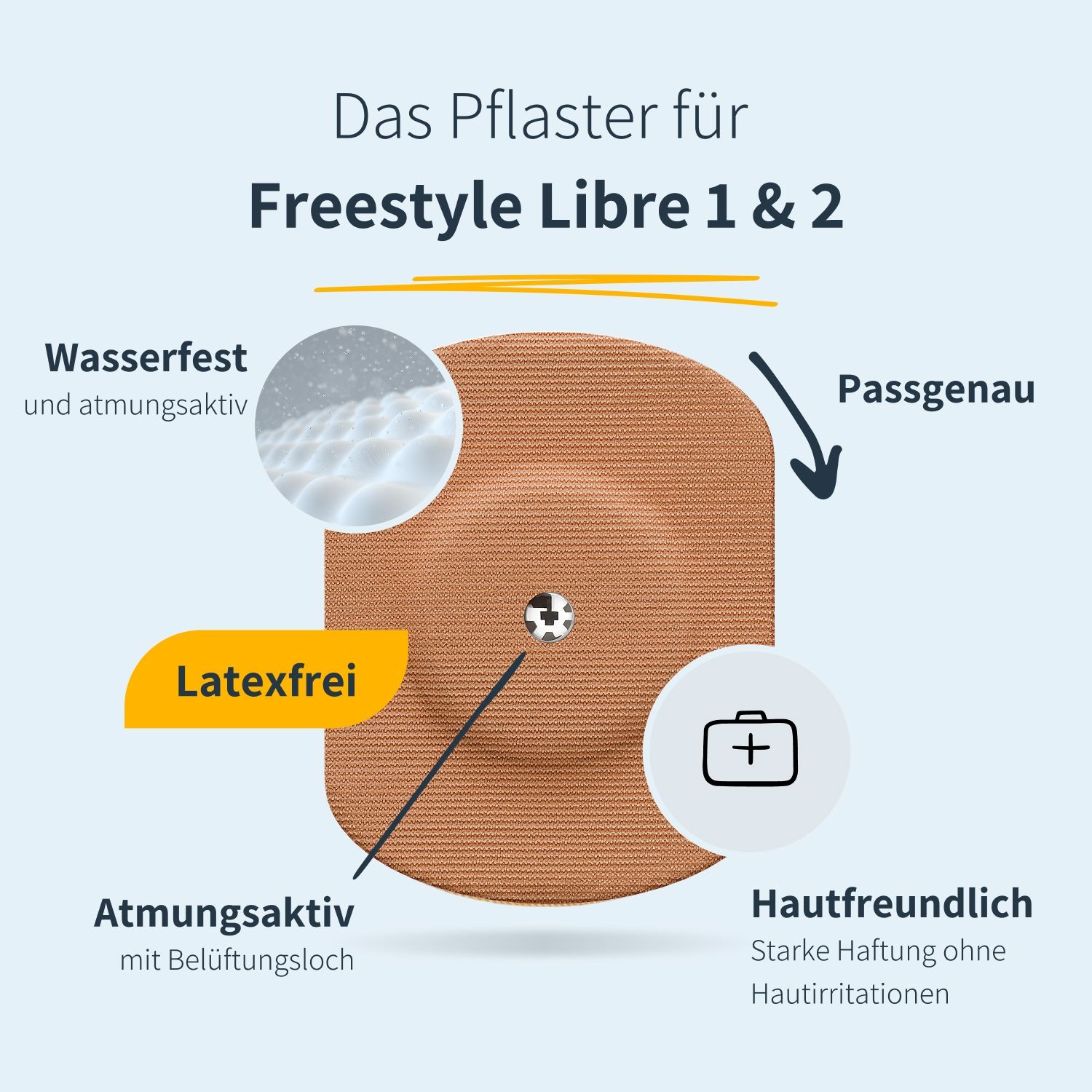 Beige Pflaster mit Belüftungsloch, für Freestyle Libre 1 & 2. Wasserdicht, atmungsaktiv, latexfrei, hautfreundlich. Starke Haftung.