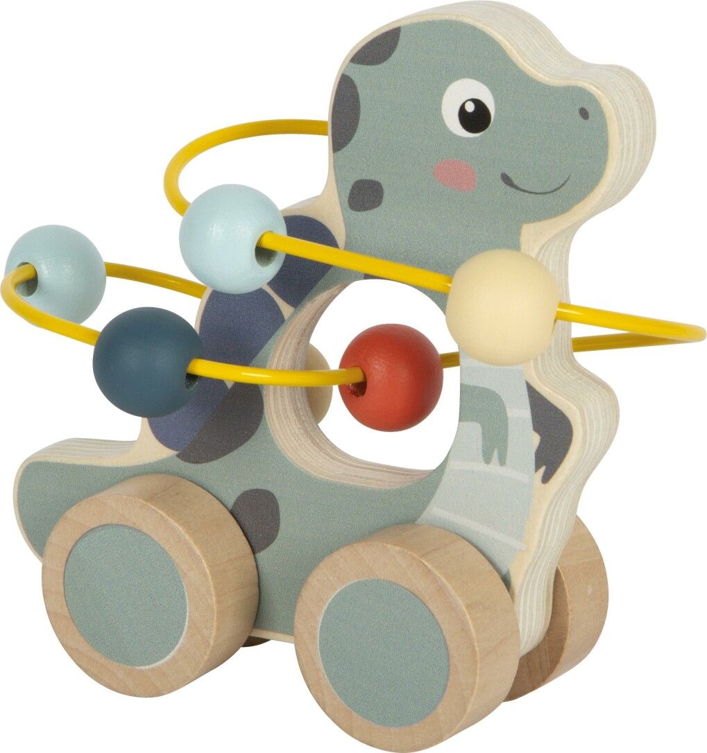Holz-Dino mit Motorikschleife. Hellgrün, gelb, blau, rot und beige. Mit Rädern. Holzspielzeug.