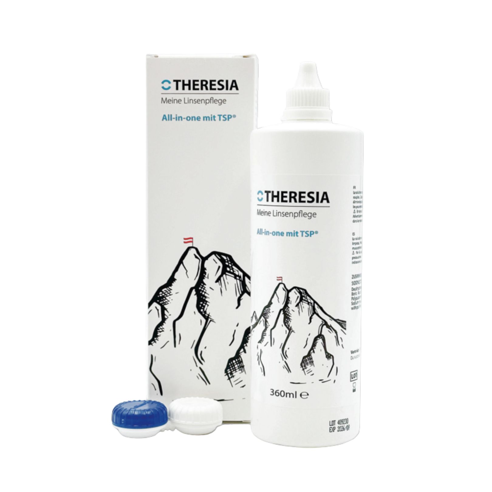 Weiße Flasche und Verpackung mit Produktnamen und Logo. Enthält Kontaktlinsenbehälter. 360ml.