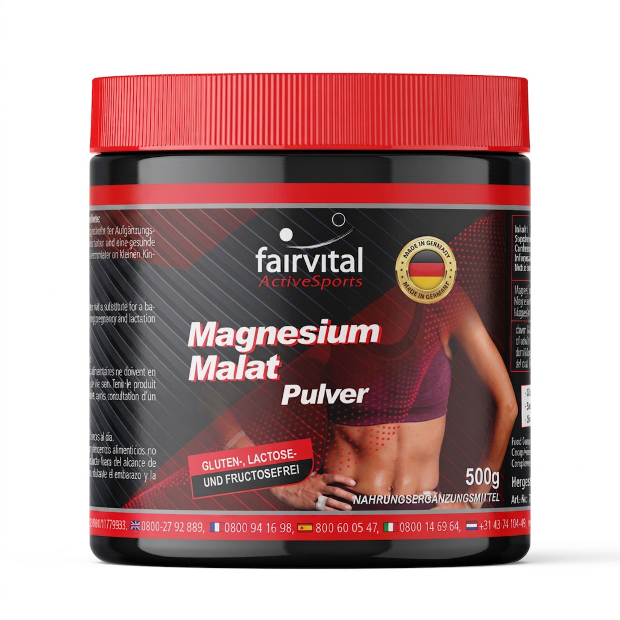 Fairvital Magnesium Malat Pulver in schwarzem Behälter mit rotem Deckel, 500g. Gluten-, laktose- und fruktosefrei.