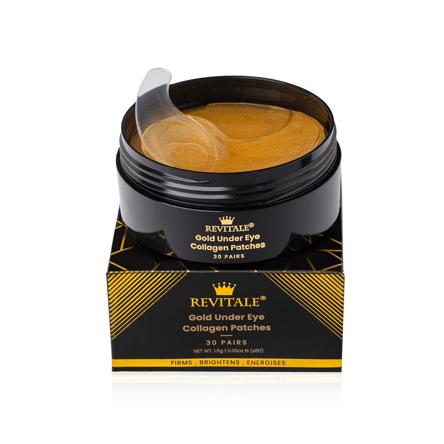 Schwarzer Tiegel mit goldenen Augenpads und Karton. Aufschrift: Revitale Gold Under Eye Collagen Patches, 30 Pairs.