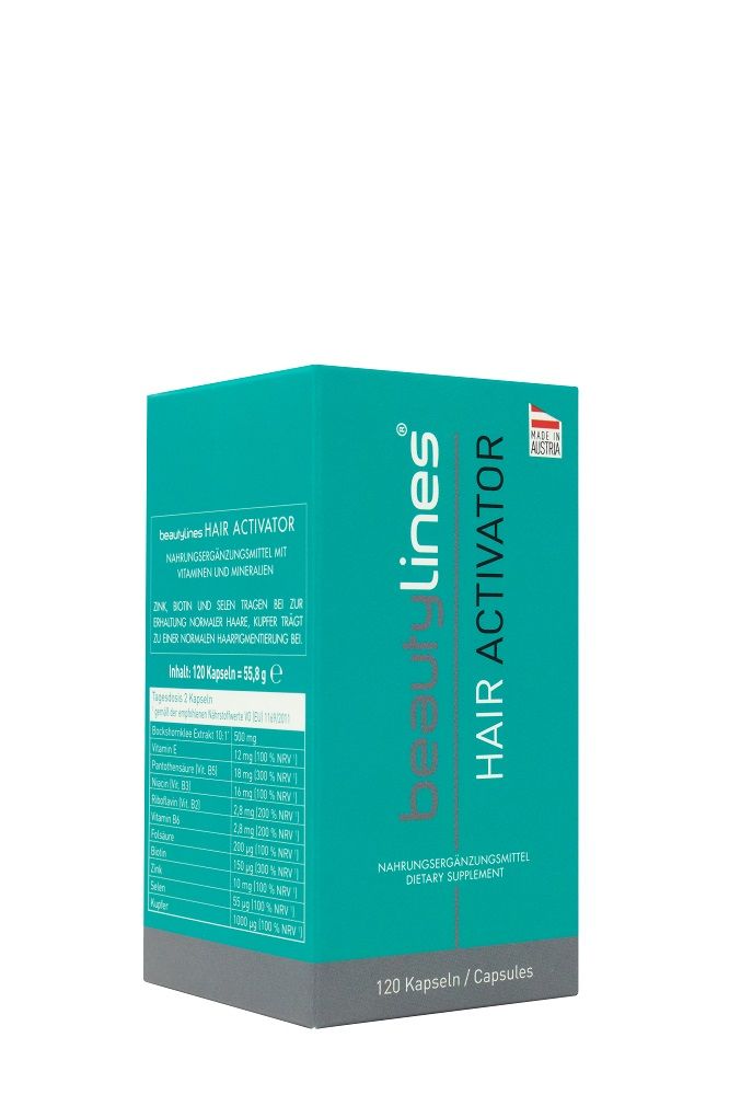 Eine rechteckige Schachtel mit der Aufschrift Hair Activator. Enthält 120 Kapseln. Hergestellt in Österreich. Auf der Seite Nährwertangaben.