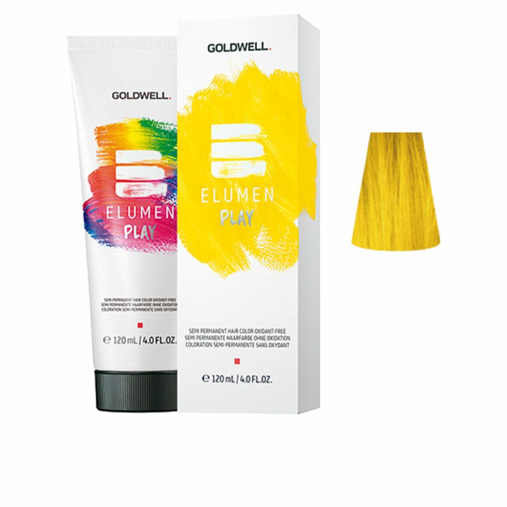 ELUMEN PLAY Haarfarbe, Tube und Schachtel. Gelbe Haarsträhne. Farbige Illustrationen. Text: semipermanente Haarfarbe, 120 ml.