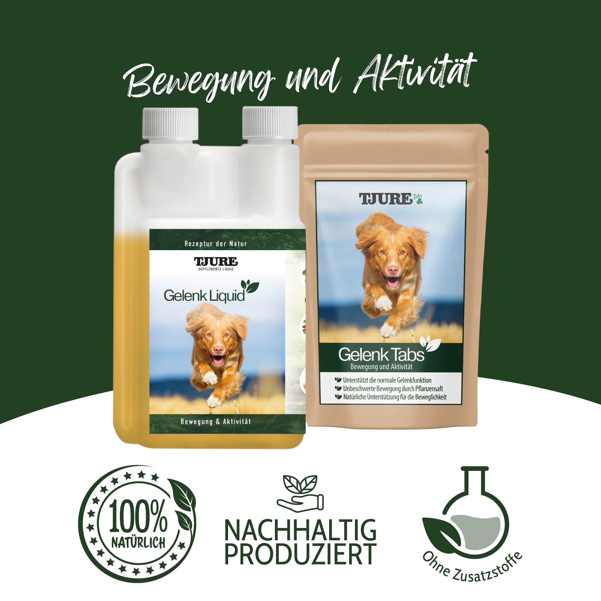Tjure Gelenk Tabs und Gelenk Liquid Flasche mit Hund auf dem Etikett. "100% Natürlich" Siegel.