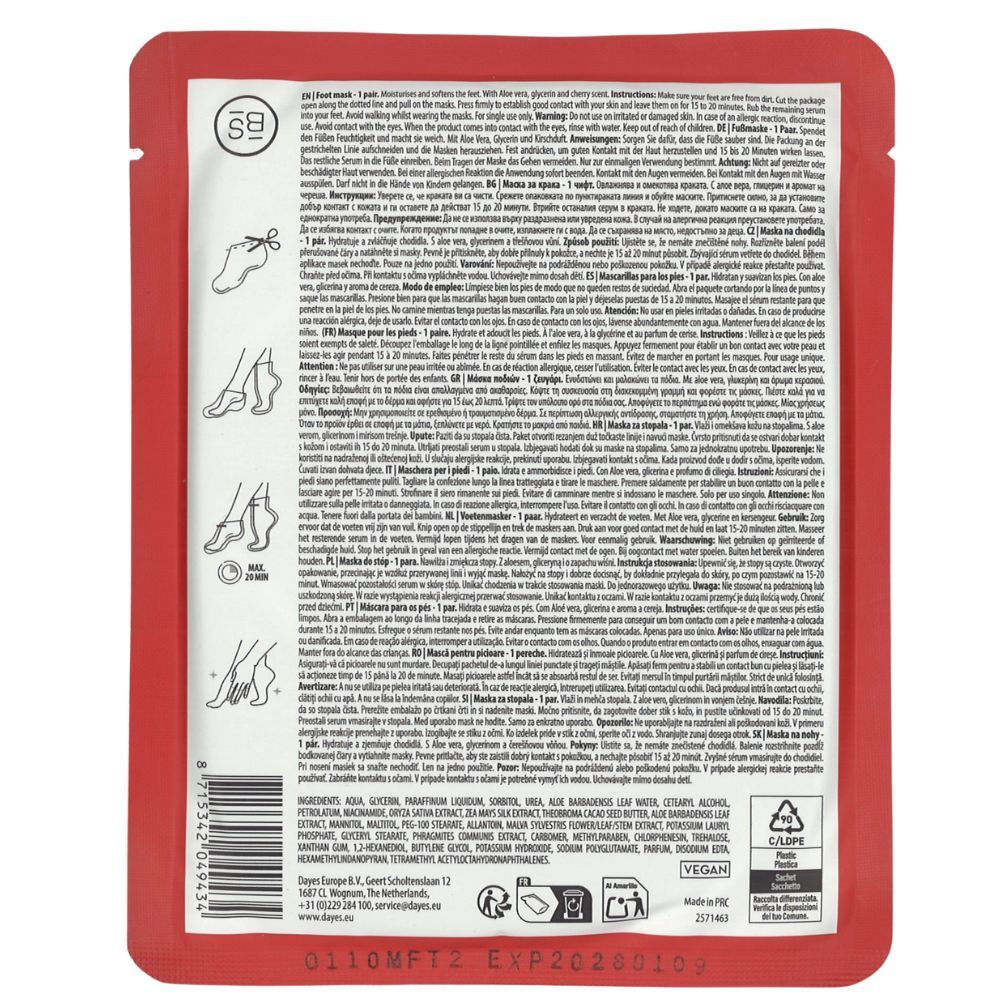 Rückseite der Fußmaskenverpackung. Roter Hintergrund mit Text und Illustrationen. Enthält Anweisungen und Inhaltsstoffe.