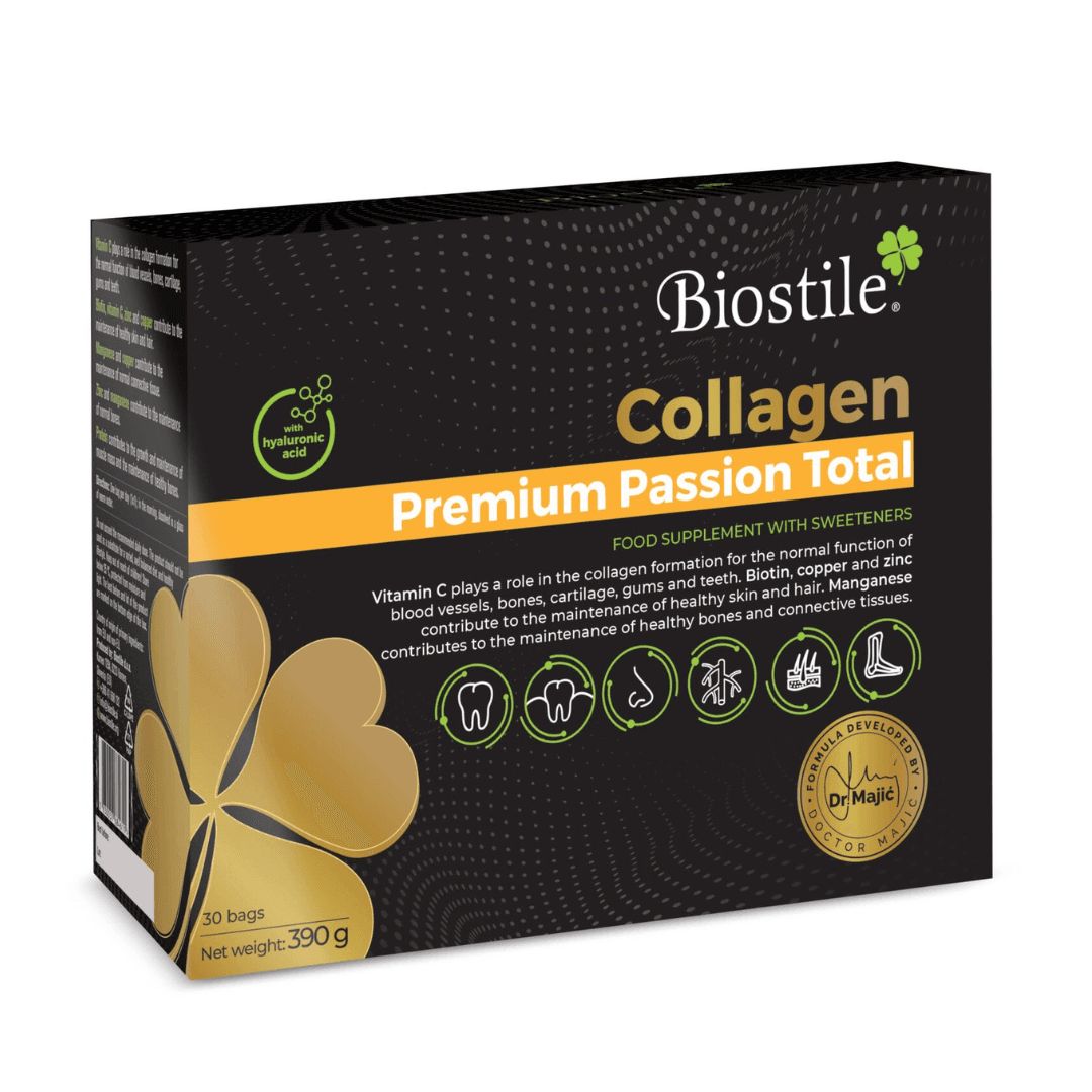 Schachtel Biostile Collagen Premium Passion Total. Schwarze Verpackung, goldfarbenes Logo. Nahrungsergänzungsmittel.