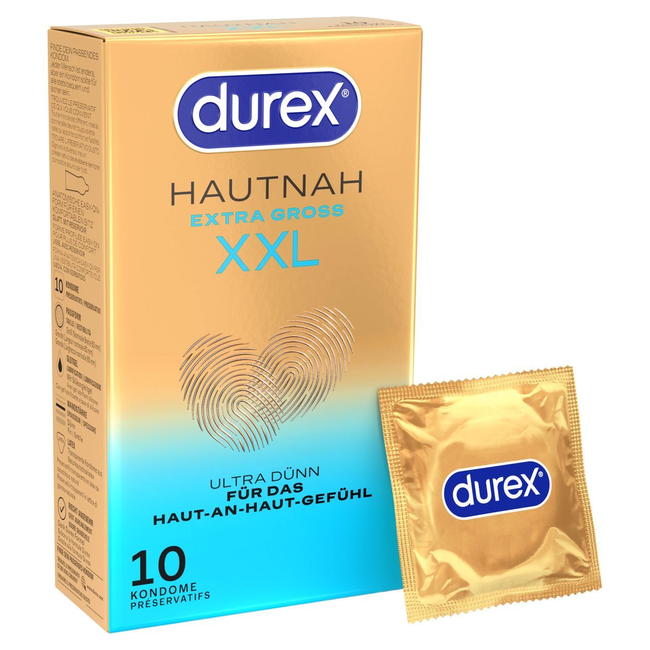 Durex Hautnah XXL Kondompackung, 10 Stück, mit einem einzelnen Kondom in Goldfolie.